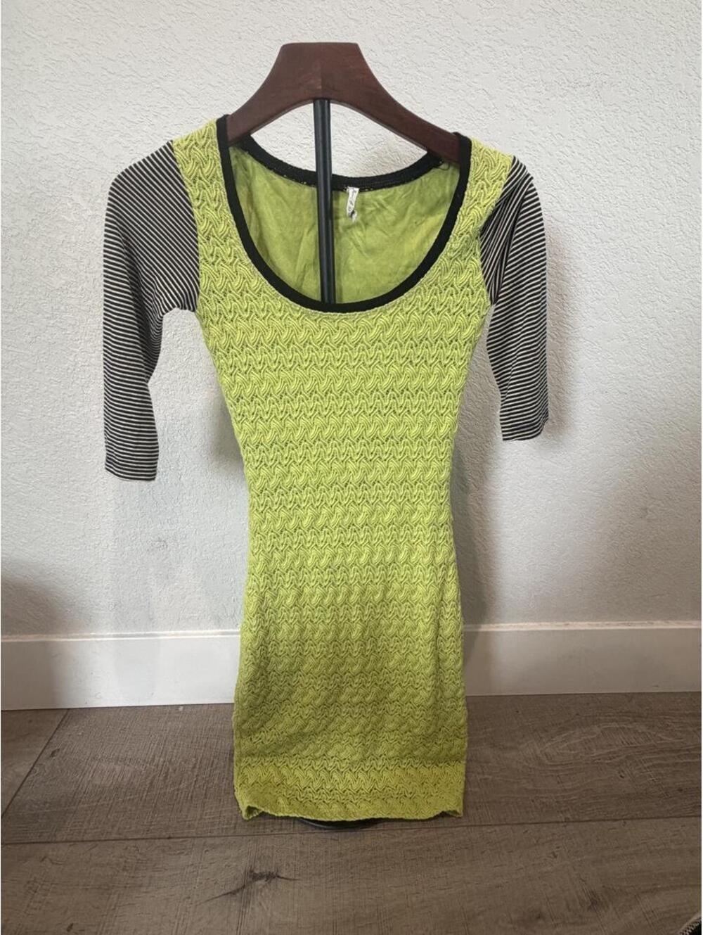 Willow & Clay Lime Green Mini Dress with Black & White Striped Sleeves